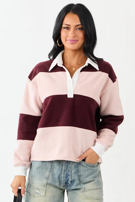 Mahogany Rugby Stripe Fleece Long Sleeve Polo Top - Active USA