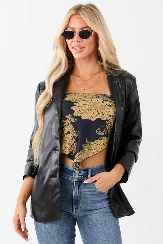 Black Faux Leather Lapel Collar Blazer - Active USA