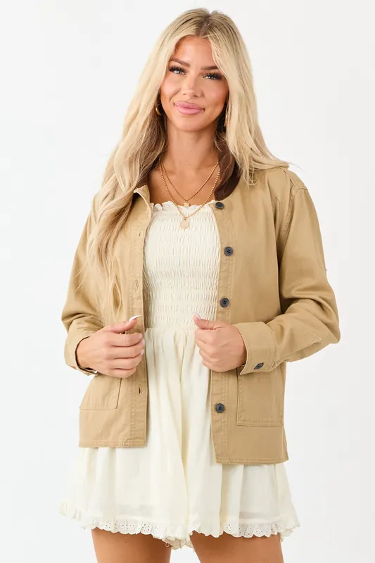 Camel Denim Contrast Corduroy Collar Button Up Jacket - Active USA