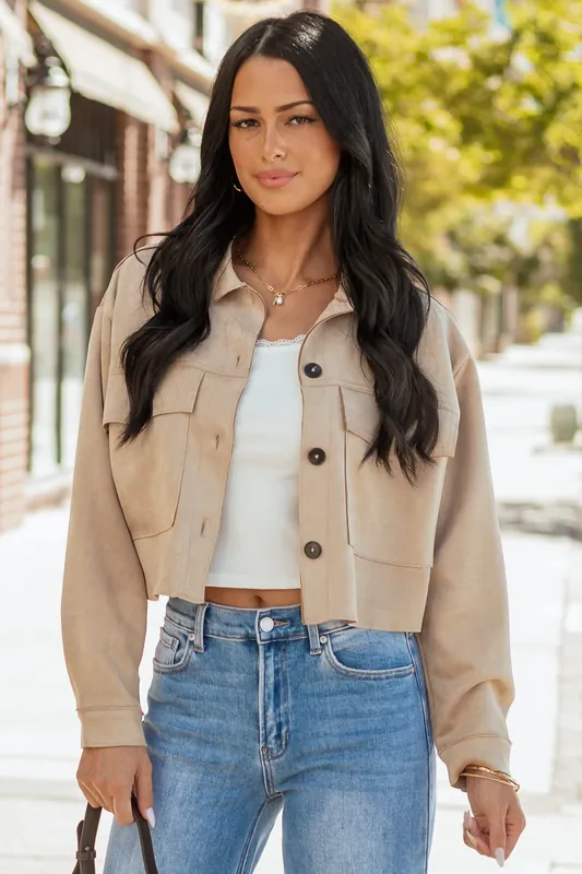 Coconut Faux Suede Button Down Collared Jacket - Active USA