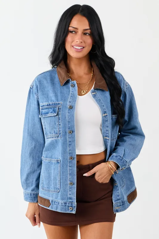 Medium Wash Denim Contrast Corduroy Collar Jacket - Active USA