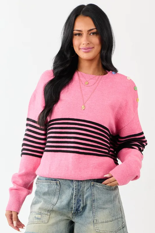 Lovelo Bubblegum Striped Button Detail Sweater - GeeGee