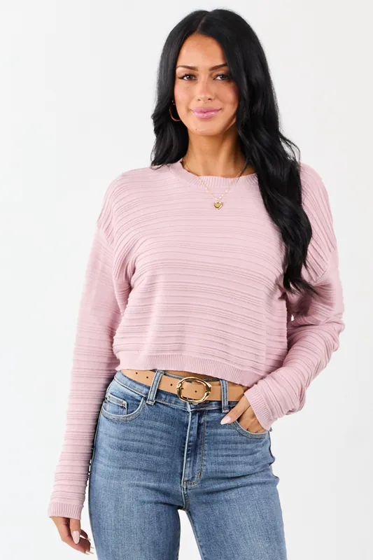 Mauve Long Sleeve Textured Knit Cropped Sweater - HYFVE