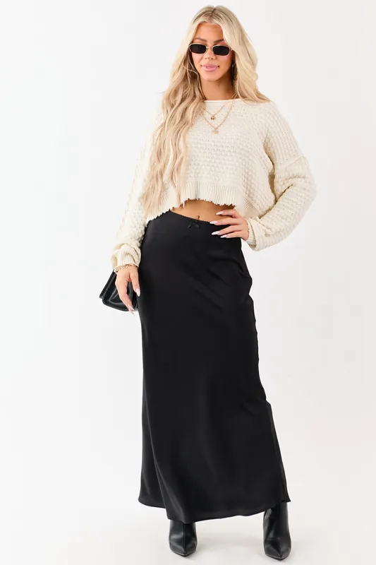 Black Textured Satin Bow Detail Maxi Skirt - HYFVE