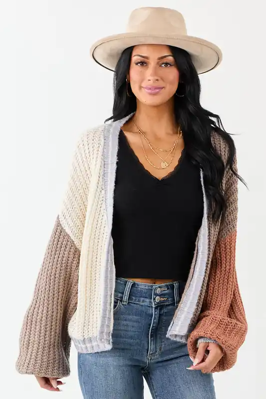 Cream and Coffee Colorblock Puff Sleeve Cardigan - HYFVE