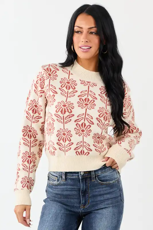 Cream and Tawny Floral Mock Neck Knit Sweater - &merci
