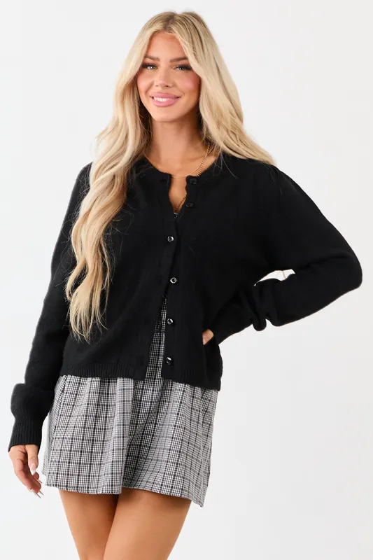 Black Button Down Long Sleeve Wool Blend Cardigan - &merci