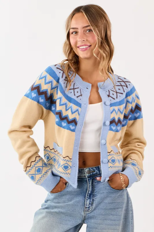 Cobalt and Cream Fair Isle Heart Print Cardigan - &merci