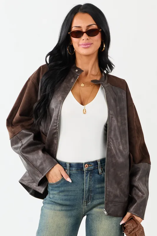 Cocoa Faux Leather Barrel Sleeve Zip Up Jacket - Promesa
