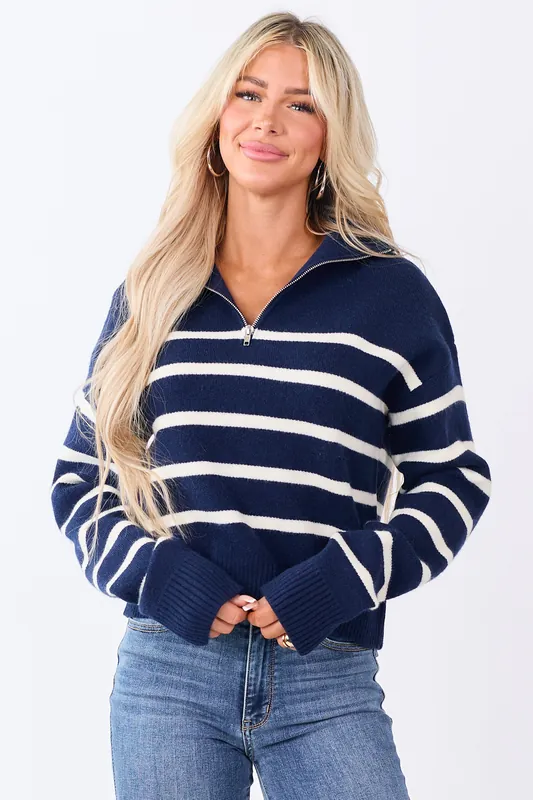 Navy and Cream Striped Half Zip Up Knit Sweater - HYFVE