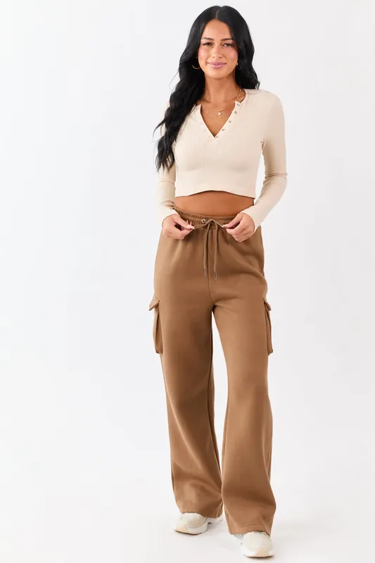 Cognac Elastic Waist Knit Cargo Sweatpants - HYFVE