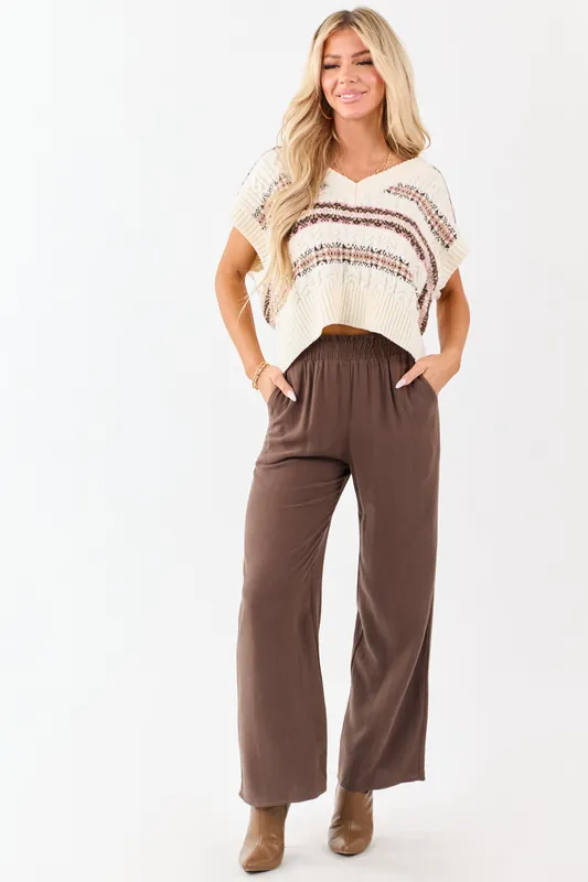 Coffee Smocked Waistband Wide Leg Linen Blend Pants - Final Touch