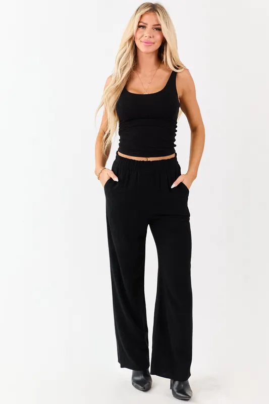 Black Smocked Waistband Wide Leg Linen Blend Pants - Final Touch