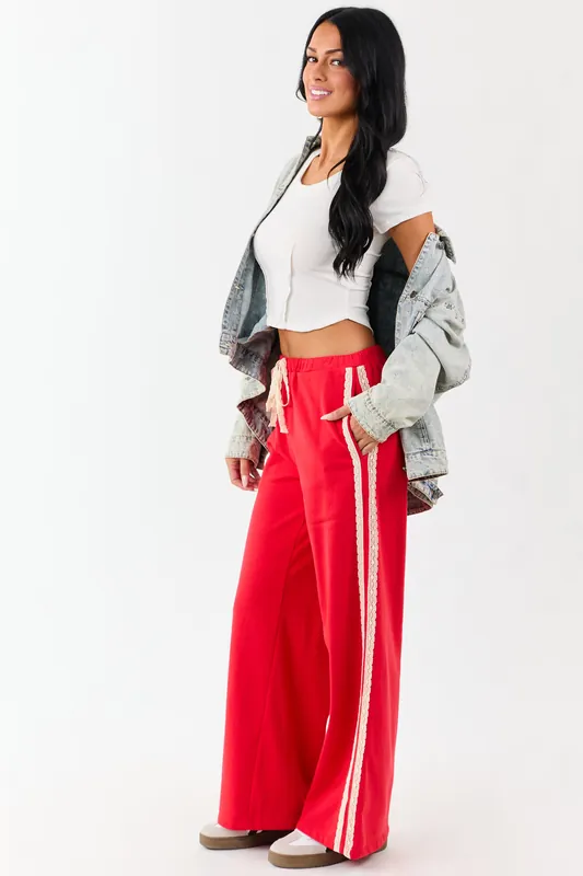 Lipstick Lace Striped Wide Leg Drawstring Pants - Mittoshop