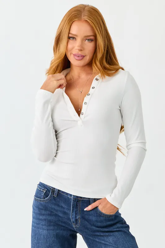Off White Collared Long Sleeve Henley Top - Mittoshop
