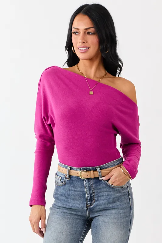 Mulberry One Shoulder Long Sleeve Waffle Knit Top - Signature8