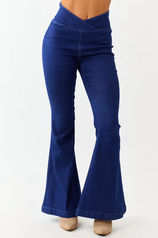 Dark Wash Stretchy V Wrap Waist Flare Jeans - Signature8