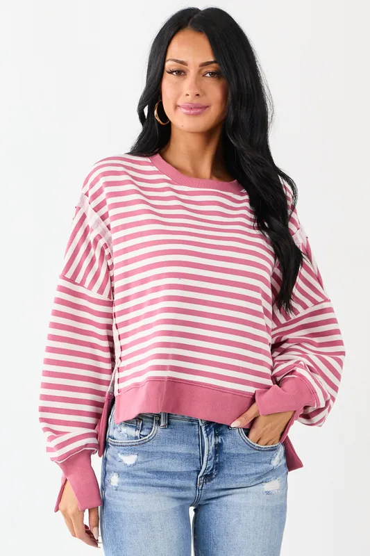 Hibiscus and Ivory Striped Relaxed Sweatshirt - LE LIS