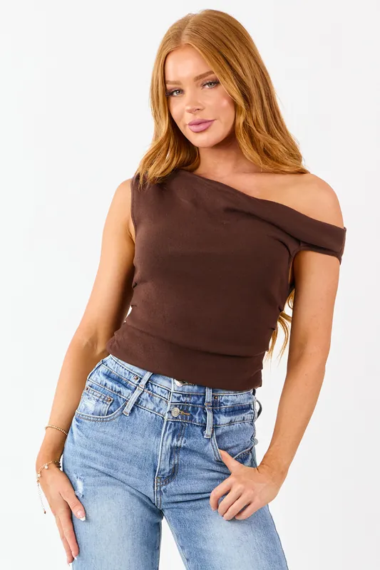 Cocoa Asymmetrical Off the Shoulder Neckline Top - LE LIS