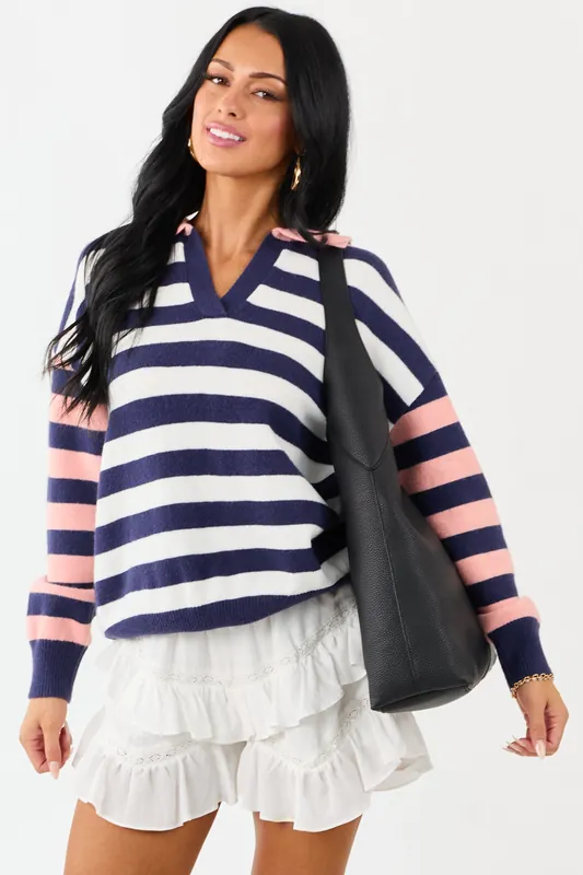 Lovelo Navy and Coral Striped Collared Sweater - GeeGee