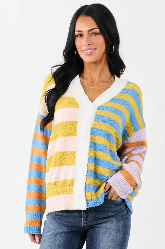 Lovelo Multicolor Striped Button Up Fuzzy Cardigan - GeeGee