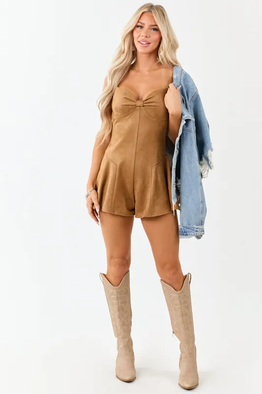 Brown Sugar Faux Suede Bow Flare Shorts Romper - Day + Moon