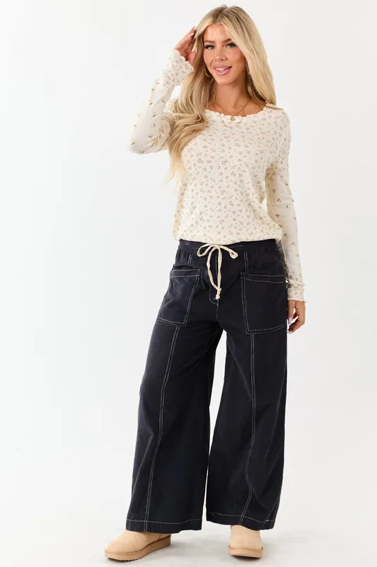 Navy Washed Corduroy Smocked Waist Wide Leg Pants - ANGIE