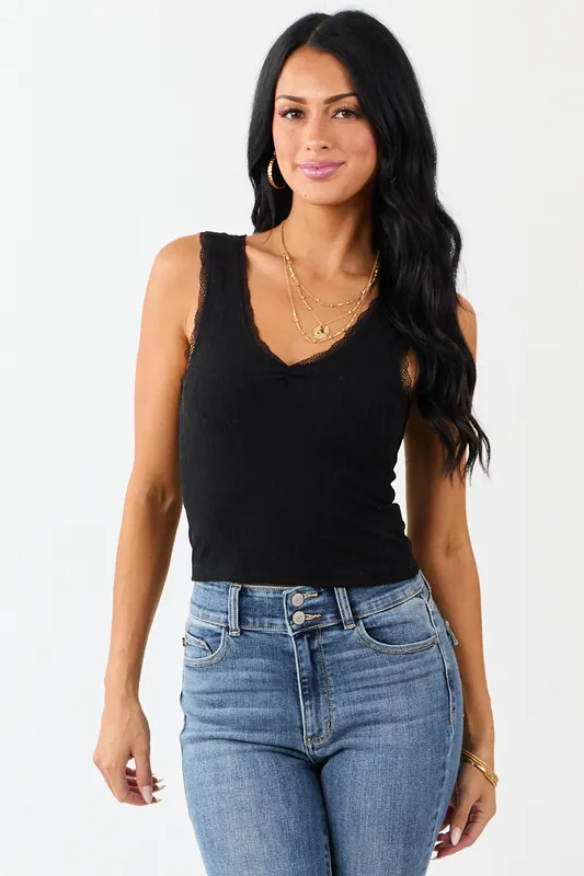 Black Lace Trim Cropped Rib Knit Tank Top - ANGIE