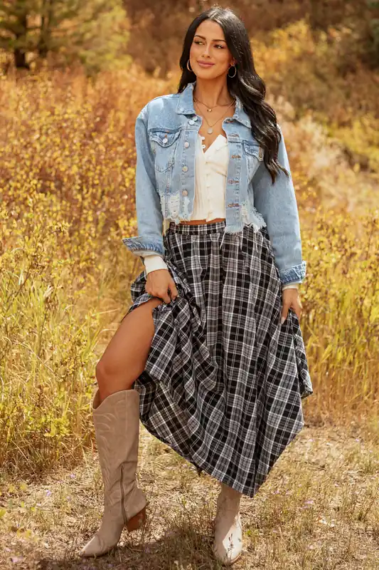 Black and Off White Plaid Cotton Midi Skirt - ANNIEWEAR