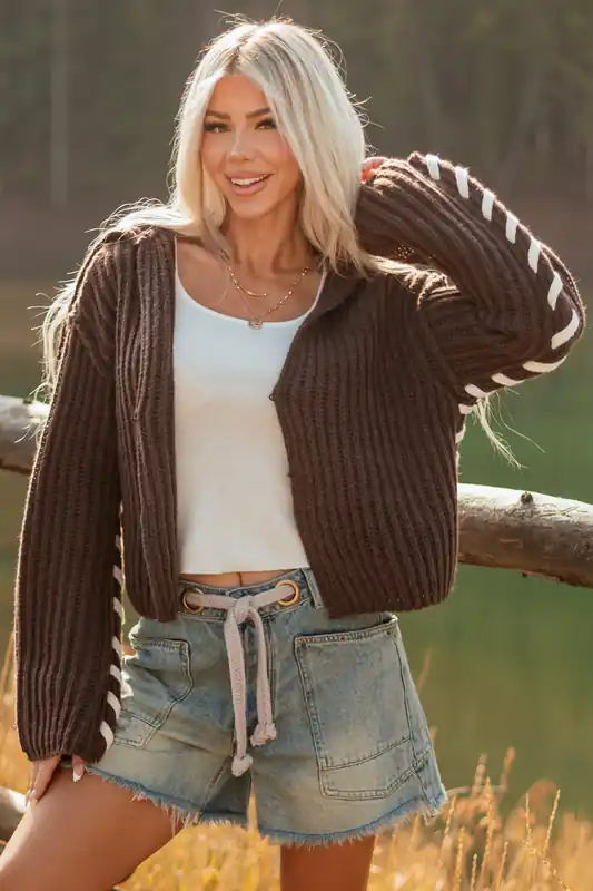 Chocolate Contrast Stitching Rib Knit Cardigan - Promesa