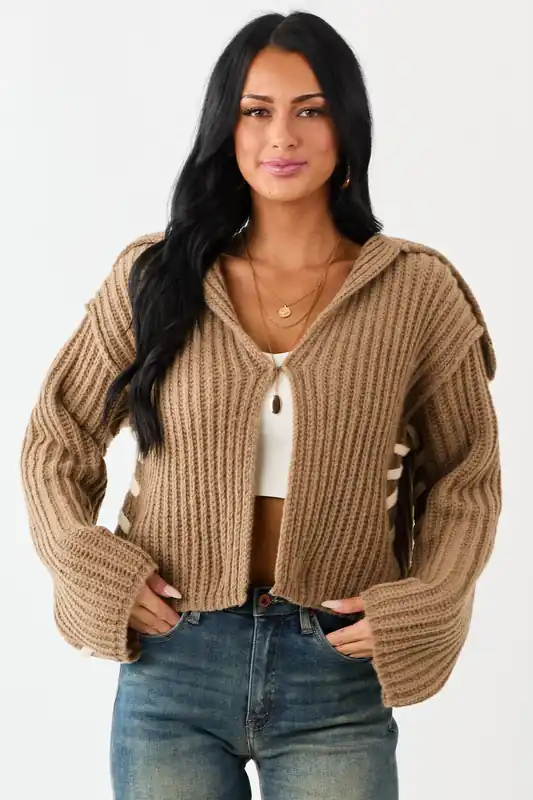 Peanut Contrast Stitching Rib Knit Cardigan - Promesa