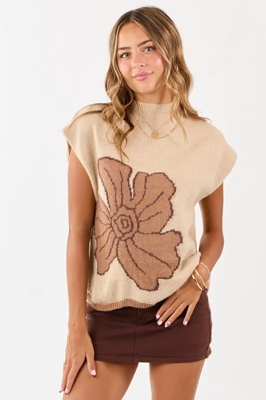 Desert Sand Floral Graphic Wool Blend Sweater Vest - Umgee
