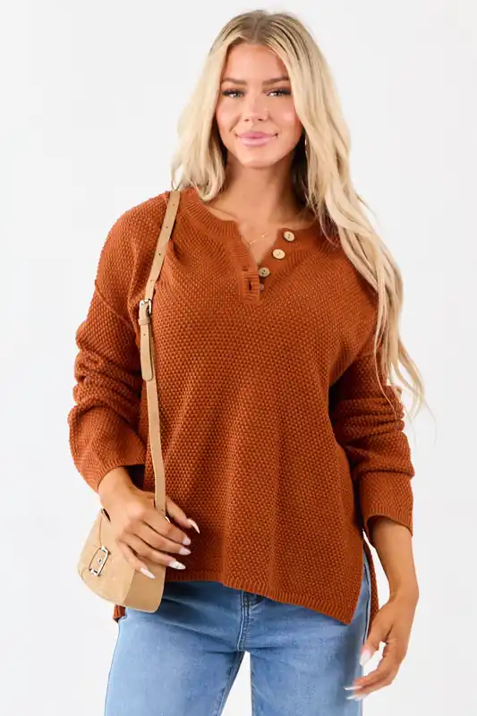 Tawny Half Button Down Textured Knit Sweater - Umgee