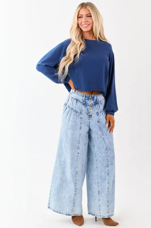 Light Acid Wash Button Fly High Rise Wide Leg Jeans - Bluivy