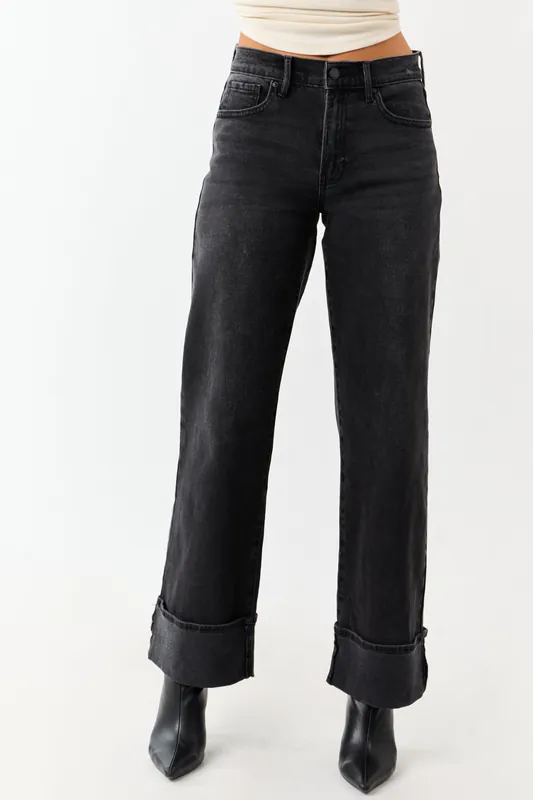 Black Washed Wide Leg Cuffed Stretchy Jeans - Just Panmaco