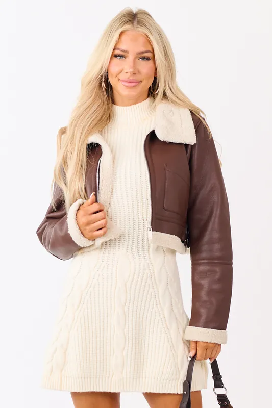 Chocolate Faux Leather Sherpa Lined Jacket - ANWND