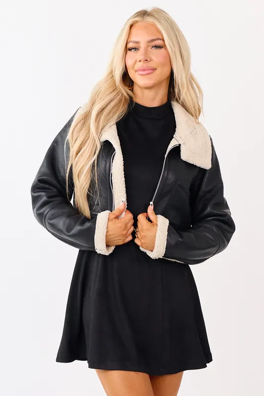 Black Faux Leather Sherpa Lined Jacket - ANWND