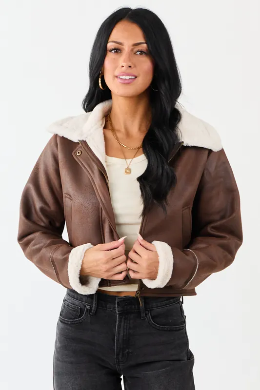 Chocolate Faux Suede Zip Up Faux Fur Lined Jacket - ANWND