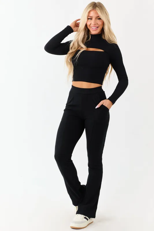 Black Textured Knit High Waist Flare Leggings - Love Poem