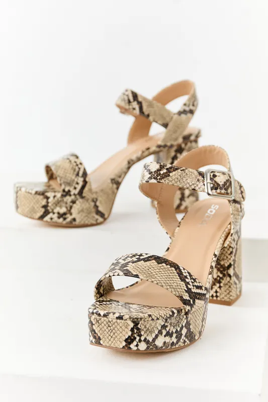 Beige Faux Snakeskin Ankle Strap Platform Heels - FORTUNE DYNAMIC