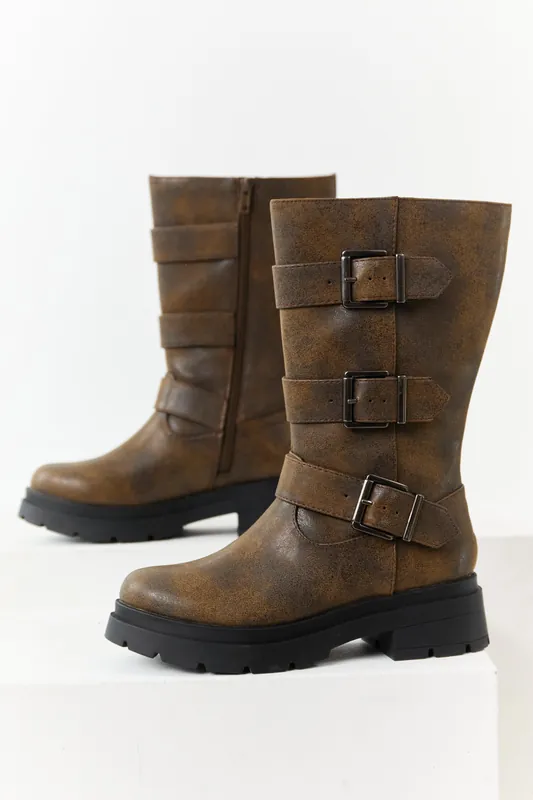 Walnut Textured Faux Leather Buckle Boots - FORTUNE DYNAMIC