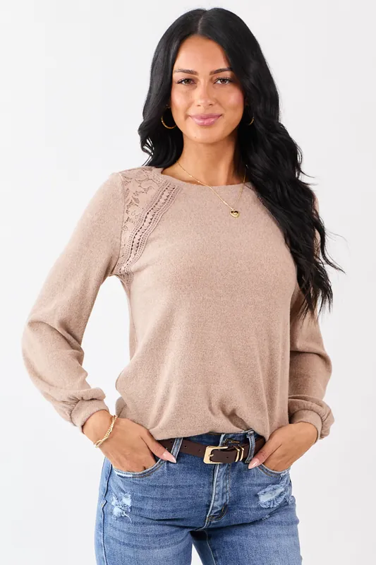 Heathered Rose Taupe Floral Lace Detail Sweater - Almost Famous