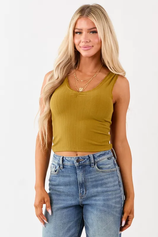 Dark Mustard Lace Trim Cropped Rib Knit Tank Top - ANGIE