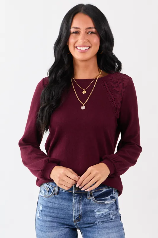 Wine Floral Lace Detailed Sweater - Almost Famous