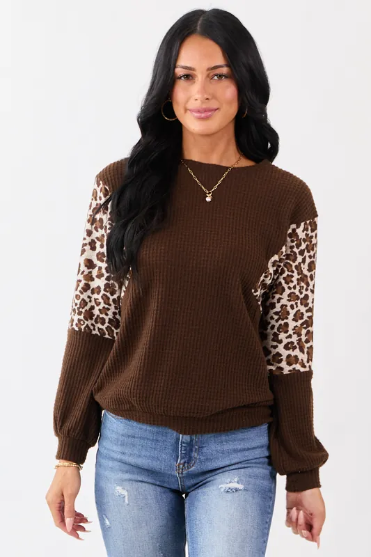 Cocoa Waffle Knit Contrast Leopard Print Sweater - Almost Famous