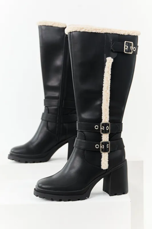 Black Faux Leather Sherpa Lined Tall Platform Boots - FORTUNE DYNAMIC