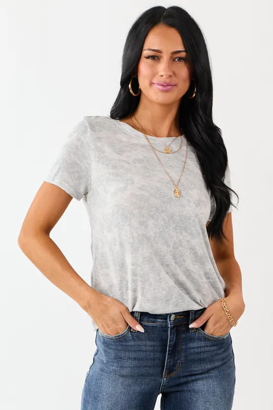 Heather Grey Faded Camo Print Short Sleeve Top - Wasabi+Mint