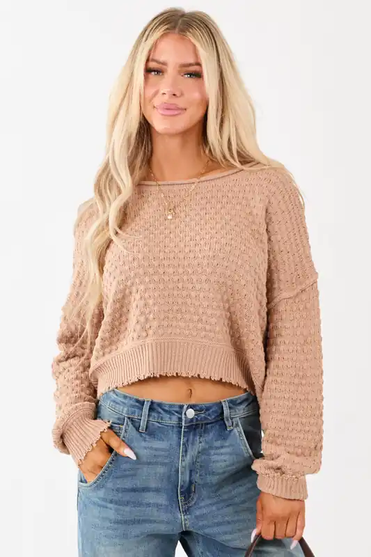Cognac Soft Textured Knit Round Neck Boxy Sweater - HYFVE