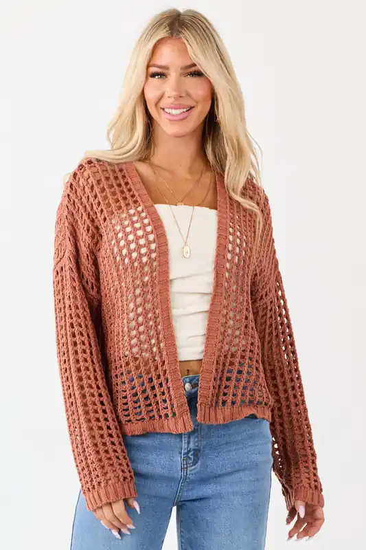 Terracotta Crochet Knit Open Front Cardigan - Doe & Rae