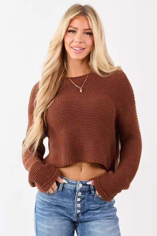 Spice Textured Knit Long Sleeve Crop Sweater - HYFVE